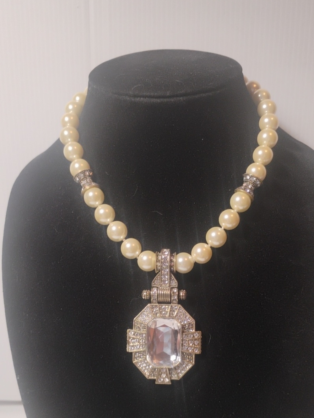 HEIDI DAUS Estate Elegance Pearl 12MM Pearl Crystal Necklace  W/Enhancer Pendant